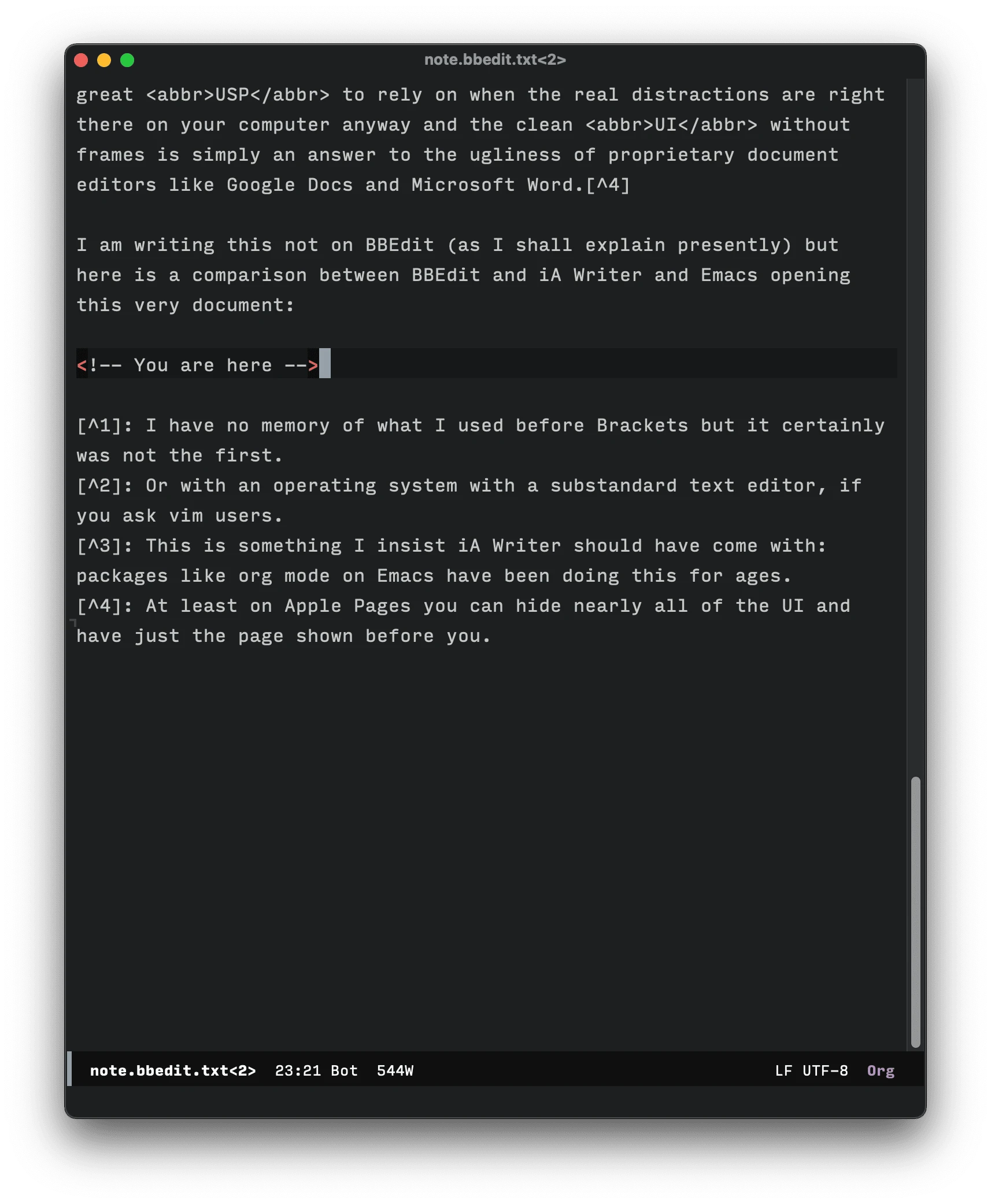 Example screenshot of working in Emacs