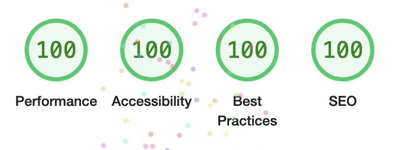 Lighthouse score showing 100 on performance, accessibility, best practices and SEO