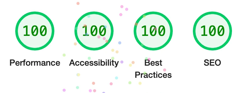 Lighthouse score showing 100 on performance, accessibility, best practices and SEO